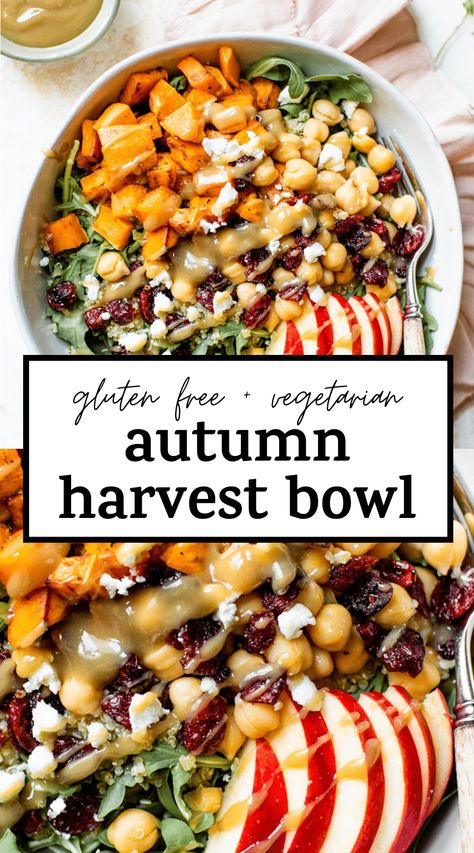 The BEST Autumn Harvest Bowl made with arugula, quinoa, chickpeas, sweet potato and drizzled with the most amazing maple-tahini dressing #vegetarian #harvestbowl Vegan Lunch Bowl Ideas, Paleo Harvest Bowl, Autumn Harvest Bowl Recipe, Vegetarian Power Bowl Recipes, Healthy Fall Harvest Bowl, Fall Vegetarian Recipes Low Carb, Fall Vegetarian Recipes Lunch, Low Calorie Harvest Bowl, Harvest Bowl Vegetarian