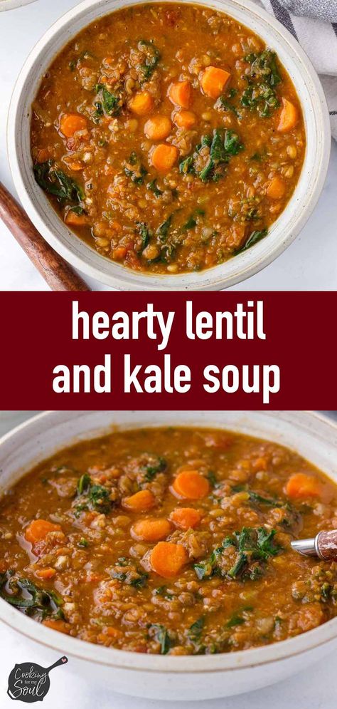 Upgrade your lentil soup game with this flavorful Lentil Kale Soup! Loaded with aromatic spices, hearty lentils, and nutritious kale and carrots, it's perfect for a nourishing meal. This lentil soup is meal prep and freezer friendly. Lentil And Kale Soup, Lentil Kale Soup, Lentil Kale, Tomato Lentils, Kale Soup Recipes, Quick Healthy Lunch, Lentil Soup Recipes, Kale Soup, Red Lentil Soup