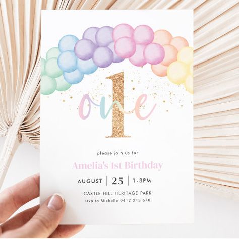 Pastel Rainbow Balloon Arch 1St Birthday Party Invitation #zazzle #weddinginvitations #birthdayinvitations #babyshowerinvitations #zazzleinvitations #monogram #businesscards #graduation #homedecor Balloon Arch 1st Birthday, Pastel Rainbow Balloon Arch, Pastel Rainbow Invitation, Pastel Invitation, Rainbow Balloon Arch, Rainbow Themed Birthday Party, Rainbow First Birthday, Balloon Invitation, Rainbow Birthday Invitations