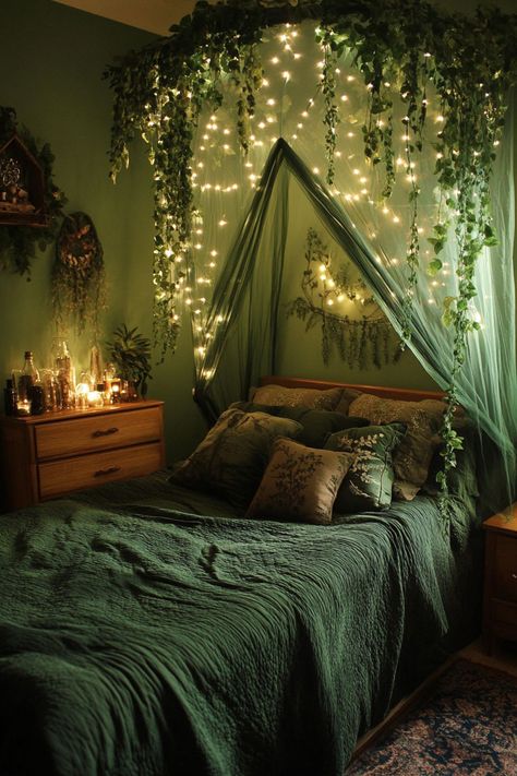 Room Decor Theme Ideas, Thing To Make For Your Room, Green Witchy Bedroom Aesthetic, Witchy Forest Bedroom, Witchy Room Inspiration, Forest Room Ideas Bedroom, Fire Room Aesthetic, Forest Theme Room Decor, Nature Aesthetic Room Decor