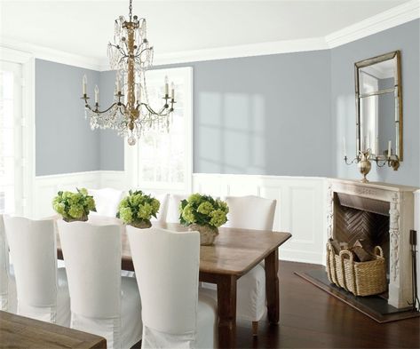 Blue Springs paint color Farmhouse Dining Room Paint, Benjamin Moore Horizon, Wickham Gray, Quiet Moments Benjamin Moore, Benjamin Moore Gray, White Chairs, Dining Room Paint, Trending Paint Colors, Revere Pewter