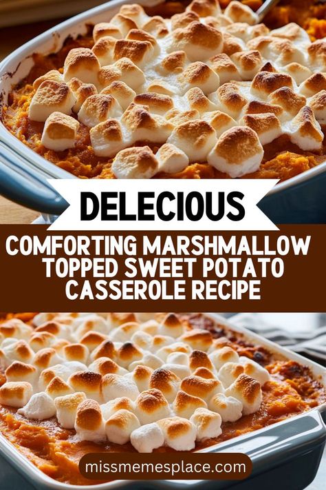 Indulge in the comforting flavors of this Marshmallow-Topped Sweet Potato Casserole Recipe! Perfect for Thanksgiving or family dinners, this dish combines soft, buttery sweet potatoes with a touch of brown sugar and vanilla for a delightful base. The crowning glory? A generous sprinkle of mini marshmallows that become perfectly toasted in the oven, adding both sweetness and texture. This delightful casserole is sure to become a staple in your holiday cooking repertoire! Sweet Potato Marshmallow Casserole, Potato Recipes Casserole, Sweet Potato Casserole With Marshmallows, Sweet Potatoes With Marshmallows, Sweet Potato Chips Baked, Best Sweet Potato Casserole, Sweet Potato Casserole Easy, Canning Sweet Potatoes, Christmas Side