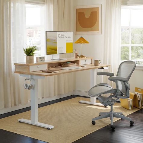 Inbox Zero Elluth Height Adjustable Standing Desk & Reviews | Wayfair Office Refresh, Standing Desk Office, Desk Wood, Sales Desk, Adjustable Height Standing Desk, Stand Desk, Adjustable Standing Desk, Sit Stand Desk, Home Board