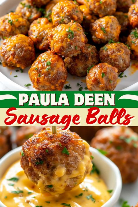 These Paula Deen sausage balls are a must for any party! Full of savory meat and sharp cheese, you'll want to devour them. The Best Sausage Balls Ever, Paula Dean Sausage Balls, Freezing Sausage Balls, Stove Top Stuffing And Sausage Balls, Sausage Stuffing Balls Recipe, Stove Top Sausage Balls, Sausage Ball Appetizers, Deep Fried Sausage Balls, Jalapeño Sausage Balls