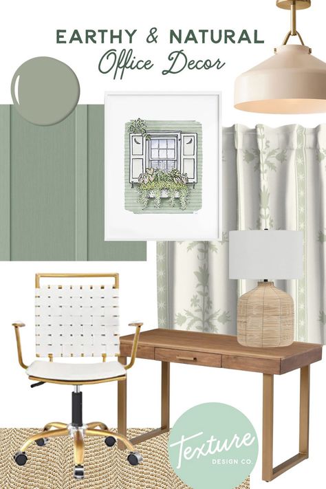 Green Themed Office Decor, Gray Green Office Walls, Sage And Gold Office, Office Interior Design Green Color, Sage Green And White Home Office, Office With Green Accents, Office Decor Sage Green, Sage Green Therapy Office, Sage Green Office Decor Ideas