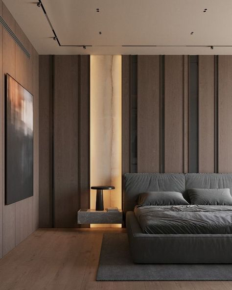 Discover the sophisticated elegance of this master bedroom designed by SENCE ARCHITECTS. Featuring sleek wooden panels, modern lighting, and a minimalist aesthetic, this space embodies contemporary interior design. Perfect for those seeking inspiration for a stylish and serene retreat. Contemporary Panelling, Modern Headboard Design, Contemporary Minimalist Bedroom, Contemporary Minimalist Interior, Contemporary Bedroom Interior Design, Modern Industrial Bedroom, Modern Contemporary Interior Design, Bed Back Design, Stylish Bedroom Design