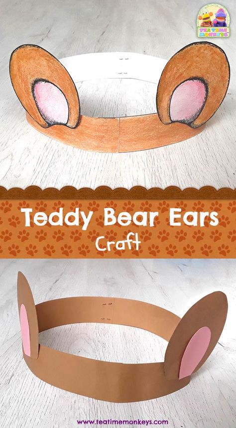 Get your little ones dressed up for a teddy bear's picnic with this cute craft! It's very easy to do and doesn't require many materials or much preparation. Also perfect for a Goldilocks and the Three Bears activity, or if you're teaching parts of the face! Bear Activities Preschool, Bear Crafts Preschool, Three Bears Activities, Polar Bear Coloring Page, Bears Preschool, Teddy Bear Ears, Teddy Bear Coloring Pages, Teddy Bear Crafts, Bear Craft