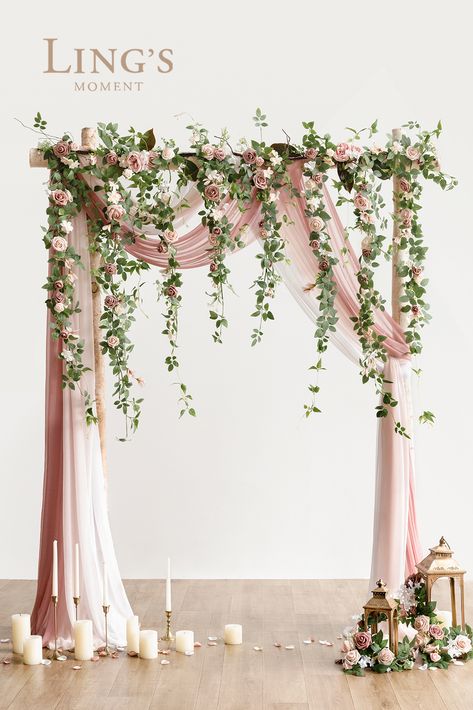 Planning on a having a beautiful wedding arch for your big day? Don't forget about flowers and decor for your wedding arch! Our DIY wedding arch flowers are simple yet elegant and can be used for both a round arch or a square arch. When you purchase your wedding arch flowers from Ling's moment, we will teach you how to make your wedding arch look beautiful whether your wedding is at the beach or in a chapel. Check out these wedding arch flowers in dusty rose and cream! Wedding Arch With Hanging Flowers, Gold Wedding Arch Ideas, Wedding Arch Floral Arrangements, Wisteria Wedding Arch, Rectangular Wedding Arch, Pink Flower Arch, Harley Wedding, Simple Wedding Arch, Alter Flowers