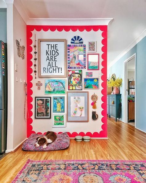 Wall Of Art Kids, Kids Art Gallery Wall Ideas, Bright Mudroom Colors, Kid Art Work Display, Paint Around Picture On Wall, Bright Bedroom Accent Wall, Art Wall Kids Room, Cute Gallery Wall Ideas, Eclectic Wall Art Living Room