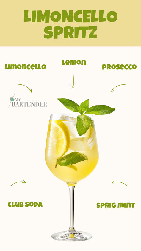 Limoncello Spritz Limoncello Prosecco Cocktail, Lemon Food Ideas, Lemon Spritz Cocktail, Limoncello Bar, Spritz Cocktail Recipes, Yellow Cocktails, Lemon Cocktails, Bar Architecture, Lemon Spritz