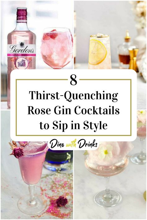 Collage of 4 rose gin cocktails. Rose Gin Cocktail Recipe, Empress Rose Gin Cocktail, Rose Gin Cocktail, Rose Cocktails, Rose Cocktail Recipes, Pink Gin Cocktails, Bar Tending, Gin Drink Recipes, Gordon's Gin