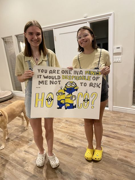 Minion Homecoming Proposal, Skittles Homecoming Proposal, Funny Best Friend Hoco Proposal, Homecoming Best Friend Proposal Ideas, Friend Prom Posals Ideas, Funny Winter Formal Proposals, Prom Proposal Best Friend, Bestie Promposal Best Friends, Hoco Proposals Ideas Disney Princess