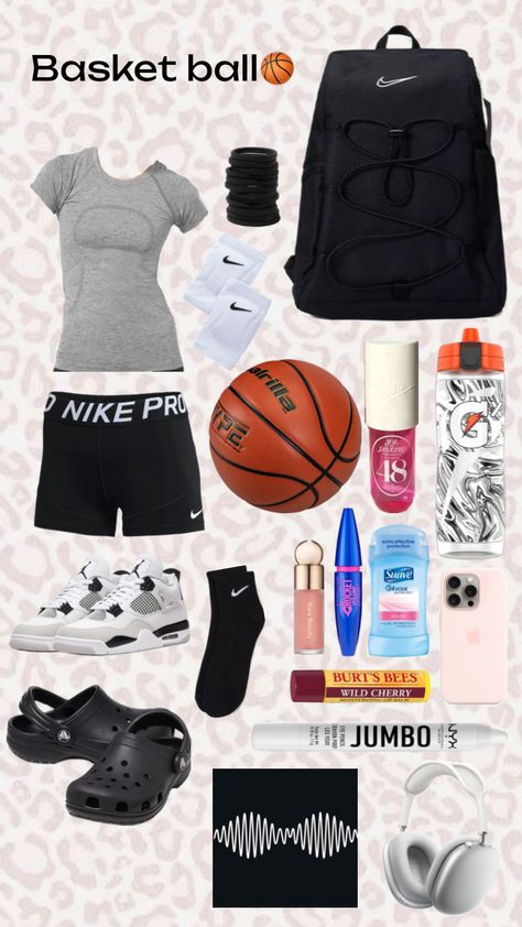 Girls Basketball Practice Outfits, What To Pack For Basketball Practice, What To Put In Your Basketball Bag, Basketball Bag Essentials, Baddies Hairstyle, Sports Bag Essentials, Girls Gym Bag, Basketball Fits, Basketball Outfits