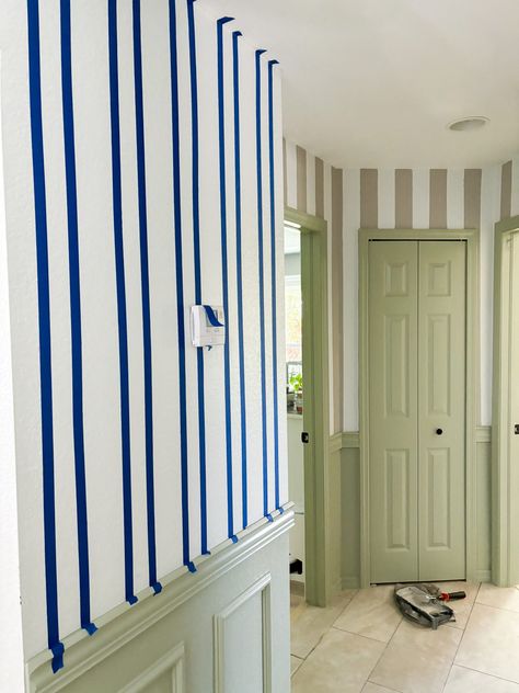 How to paint stripes (hallway update) – House Mix Bathroom Striped Wallpaper, Paint Stripes On Wall Ideas, Striped Laundry Room, Painting Stripes On Walls Vertical, Striped Nursery Walls, Paint Lines On Wall Ideas, Diy Striped Wall, Hand Painted Striped Walls, How To Paint Stripes On A Wall