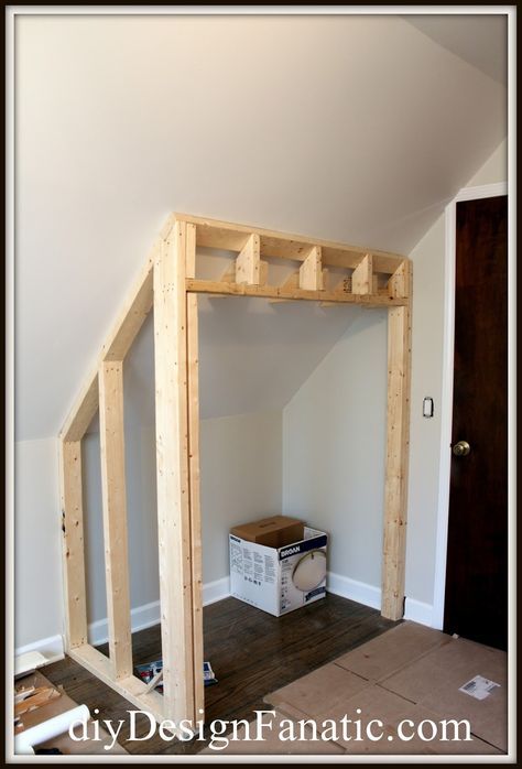 diy Design Fanatic: STEALING FLOOR SPACE TO BUILD A CLOSET Closet Ideas For Attic Bedroom, Frame A Closet Diy, Attic Entertainment Room Ideas, Built In Attic Closet, Adding Closet To Bonus Room, Closet In Bonus Room, Attic Turned Into Closet, Slope Ceiling Closet, Bonus Room Closet Ideas