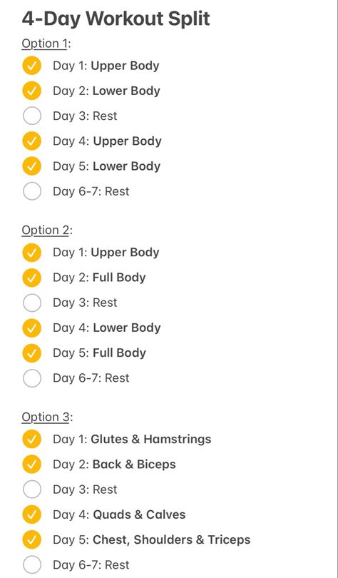 Training split, 4-Day Workout Split, effective workout schedule, beginner training split, weightlifting training split, weightlifting program 4 Day Weekly Workout Plans, Gym Splits Schedule, Good Workout Split Women, Fitness Schedule Beginners, Weekly Exercise Schedule For Women, Exercise Schedule Workout Plans, 4 Day Split Workout Beginner, 4day Workout Split, Split Training Schedule