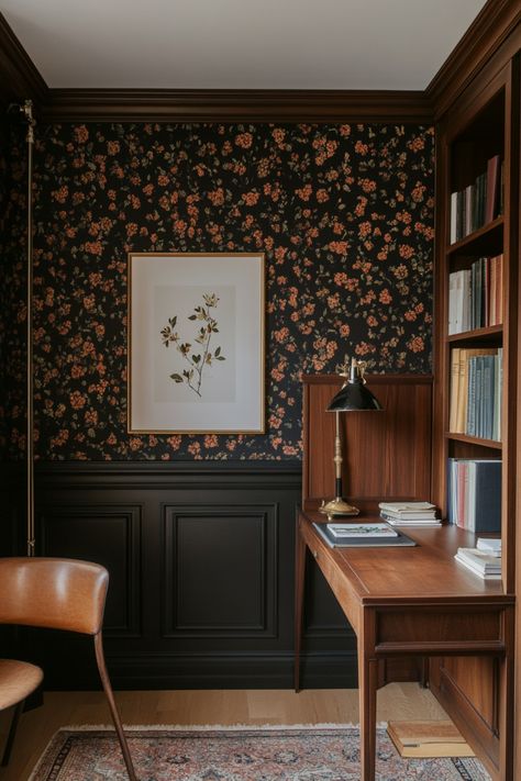 Make your home cozy whatever the season with these dark feminine, dark academia decor ideas and design tips. Office With Floral Wallpaper, Dark Wainscoting With Wallpaper, Moody Office With Wallpaper, Dark Academia Aesthetic Colors, Craftsman Office Ideas, Home Office Ideas Vintage, Coffee Nook Wallpaper, Library With Wallpaper, Art Deco Dark Academia