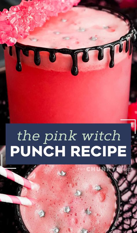 This sweet and fun drink is great for Halloween, Valentine's day and more! Easy to make, fun to drink, and can easily be turned into a cocktail if you wanted. #drink #halloween #pink Pink Halloween Cocktails, Halloween Drinks Kid Friendly, Witch Punch, Pink Alcoholic Drinks, Pink Punch Recipes, Strawberry Halloween, Fun Halloween Drinks, Haunted Party, Halloween Alcohol