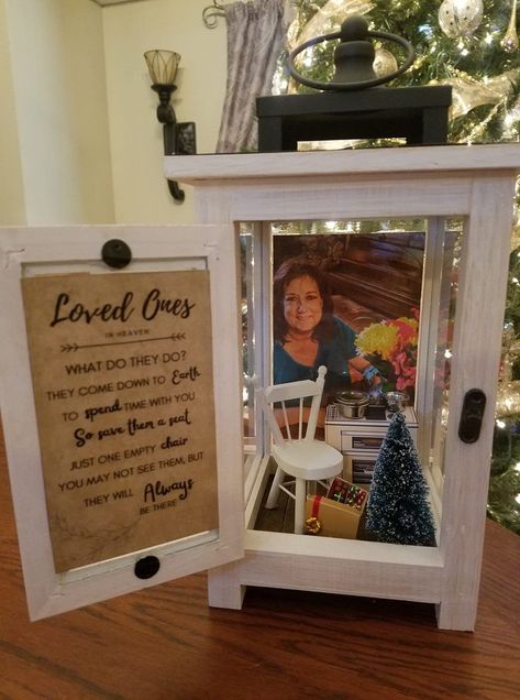 This is a custom memorial lantern made-to-order. Each lantern has the poem on the door and an empty chair inside. I then place 3-4 items in the lantern that represents your loved one. **I must have a photo and information about your loved one before I can get started. I need as much information you can give me - things like their hobbies, favorite past times, favorite things, habits (like daily coffee drinker, news reader, etc), or if there are any special things you would like for me to try to In Memory If Gifts, Remembrance Gifts Parents, In Loving Memory Christmas Gifts, Memorial Gifts For Wife, Rememberance Shadow Boxes, Remembrance Gifts With Pictures, Shadow Box Memorial For Dad, Table Top Xmas Memorial For Two Sons, Remembrance Gifts For Him