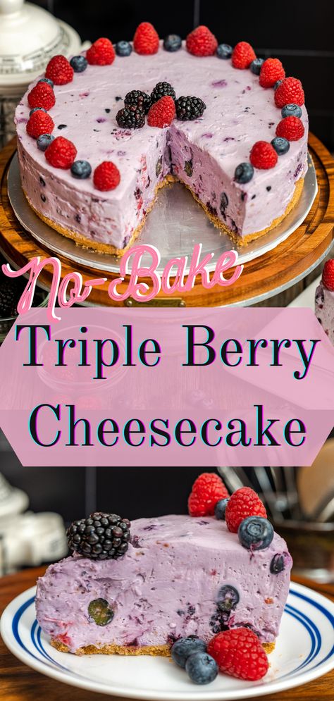 No-bake, simple triple berry cheesecake with lots of fresh and frozen berries! Perfect to make ahead and wonderful light taste and texture through the whipped cream cheesecake batter. Full recipe on my website No Bake Frozen Cheesecake, Frozen Triple Berry Recipes, Berries Cheesecake Recipes, Wild Berry Cheesecake, Mixed Berry No Bake Cheesecake, Triple Berry Dessert Recipes, Triple Berry Recipes, Unique No Bake Cheesecake Recipes, Very Berry Cheesecake