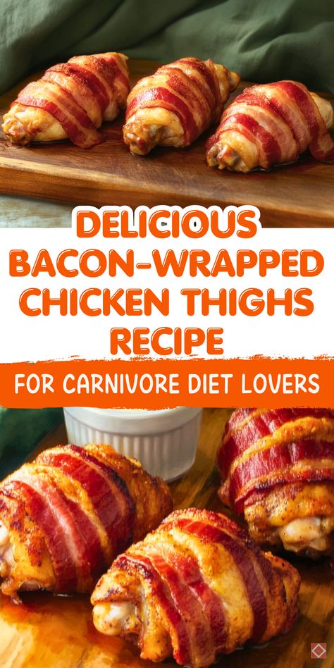 Looking for an easy carnivore diet dinner idea? These bacon-wrapped chicken thighs are a game-changer! With tender chicken wrapped in smoky, crispy bacon, this dish is perfect for those following a low-carb, high-protein lifestyle. Ready in no time, this recipe is both simple and satisfying. Whether you're on the carnivore diet or just love bacon-packed meals, this one’s a must-try. Save it now for a quick, delicious dinner idea! Chicken Thigh Carnivore Recipe, Carnivore Chicken Thigh Recipes, Carnivore Diet Recipes Easy Dinner, Carnivore Chicken Thighs, High Fat Carnivore Recipes, Carnivore Party Food, Carnivore Chicken Breast Recipes, Air Fryer Carnivore Recipes, Chicken Carnivore Recipes