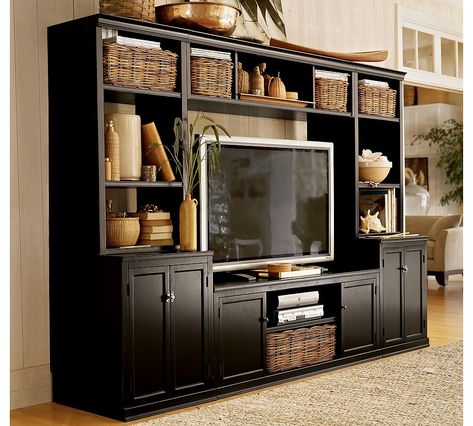 Entertainment center. pottery barn. Black Entertainment Center, Black Entertainment, Entertainment Center Decor, Entertainment Room, A Living Room, Wall Unit, New Wall, Built Ins, Entertainment Center