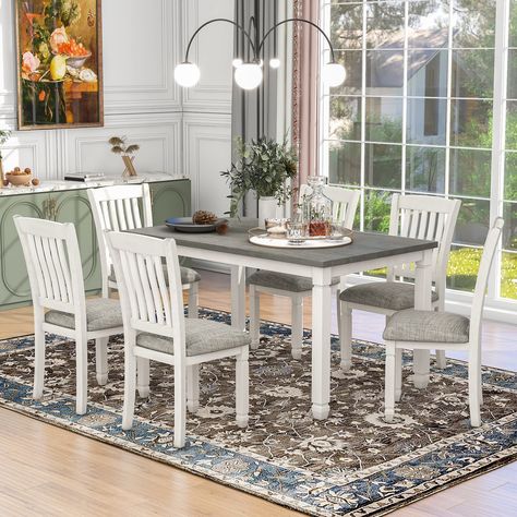 PRICES MAY VARY. 【7-Piece Dining Table Set】This dining set includes 1 table and 6 chairs. The modeling design of this dining room table set highlights the neoclassical style. The line of table legs and chair legs is concise, paying attention to the vertical sense, and overall modeling is simple and more practical. 【Beauty and Durability Kitchen Table Set】This kitchen table set is manufactured with rubber wood and MDF boards to ensure both beauty and durability. The texture of rubber wood is exce Wooden Dining Table Set, Kitchen Table Wood, Dining Room Table Set, 7 Piece Dining Set, Dining Table Set, Dining Areas, Wooden Dining Tables, Dining Room Bar, Fabric Seat