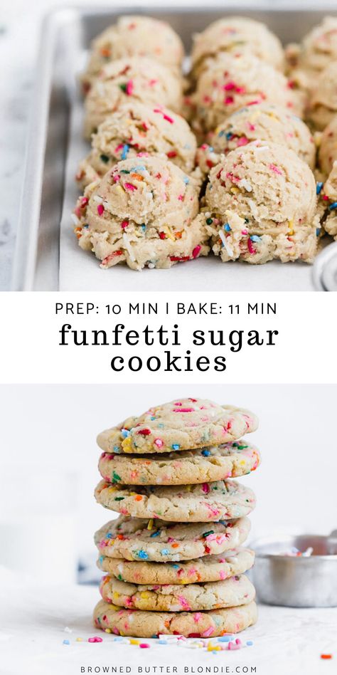 Easy Funfetti Sugar Cookies | Browned Butter Blondie | These easy from scratch funfetti sugar cookies bake up perfectly every time with crispy, crinkled edges and soft, chewy centers. Loaded with festive rainbow sprinkles mixed in the dough, this sugar cookie recipe is the perfect treat for the kid in all of us! #sugarcookie #sprinkles Funfetti Sugar Cookies, Sugar Cookie Recipe, Browned Butter, Rainbow Sprinkles, Baking Sweets, Easy Cookie Recipes, Sugar Cookies Recipe, The Kid, Easy Cookies