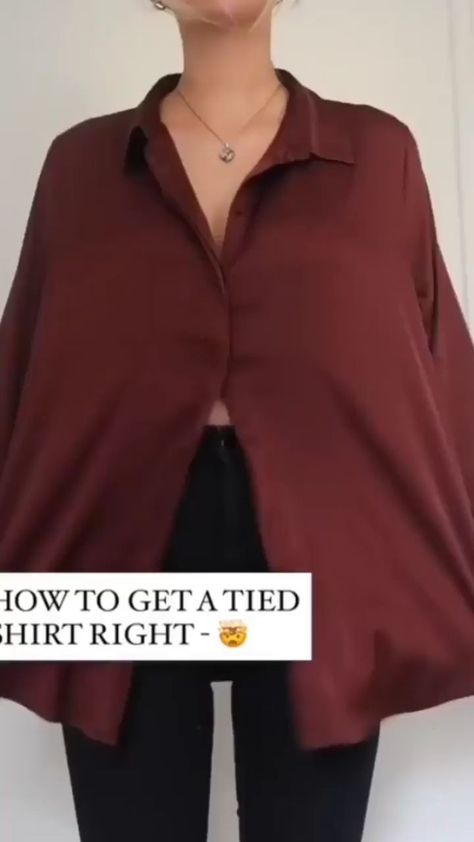 fashionador on Instagram: SO satisfying 🙊 how to tie a shirt perfectly! Tag someone who’d try 🙌 • Love Fashion? Follow👉 @FashionAdor Courtesy of @fashioninflux… Shirts Wearing Style, How To Tie Shirt Over Dress, Collared Shirt Hack, Women Oversized Button Down Shirt Outfit, Mens Shirt Hacks For Women, Top With Shirt Outfit, Shirt Too Small Hack, How To Style Chemise, Baggy Shirt Hack