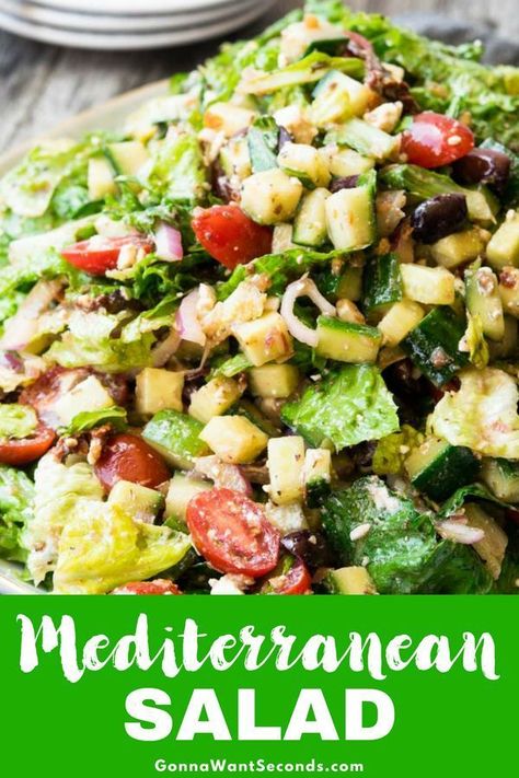 Our Mediterranean Salad has all the flavors of the Mediterranean in an elegant, refreshing salad that's quick to make and tossed in a delicious vinaigrette. #Mediterranean #Salad #Dressing #Healthy #Recipes #Cucumber #Lettuce #Easy #Greek #Traditional #Chopped #Simple #Feta #Romaine #Tomatoes #English #Cucumbers #Kalamata #Olives #Balsamic #Vinaigrette Salad Dressing Healthy, Mediterranean Salad Dressing, Recipes Cucumber, Cucumber Dressing, Diet Salad Recipes, Mediterranean Salad Recipe, Lettuce Recipes, Salad Diet, Mediterranean Salad