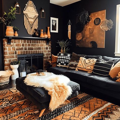 black_and_rust_living_room_boho 16 Grey Black And Rust Living Room, Dark Colorful Living Room, Black And Gold Boho Living Room, Black Couch Living Room Decor Ideas, Small Dark Living Room Ideas, Living Room With Black Couch, Black And Brown Living Room, Black And Rust Living Room, Moody Boho Living Room