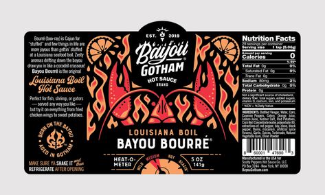 BCBD-bayou-gotham-hot-sauce-bayou-bourre-label Hot Sauce Design, Hot Sauce Label, Sauce Design, Sauce Brand, Glass Shelves Decor, Louisiana Seafood, Seafood Sauce, Crab Boil, Hot Sauces