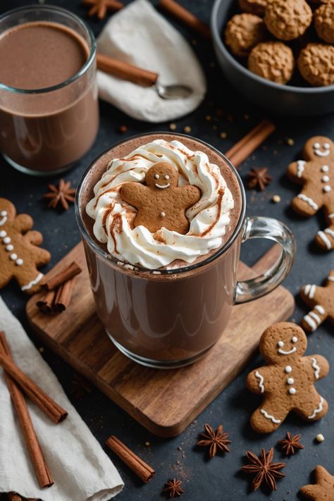 A photo of a  Gingerbread Fall Hot Chocolate which is a type of fall hot chocolate Cute Hot Chocolate Ideas, Hot Chocolate Bar Home, Hot Drinks Ideas, Hot Cocoa Gingerbread Cookies, Christmas Cold Drinks, Hot Chocolate For Christmas, Christmas Food And Drinks, Cozy Hot Cocoa Aesthetic, Cozy Fall Food Recipes