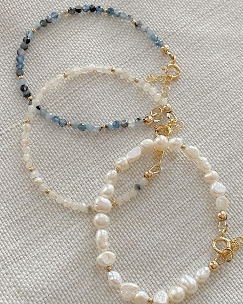 Getting up close and *pearl*sonal with these bracelets – which is your favorite? 🤍  Made with freshwater pearls and real 3mm gemstone beads; the perfect accessory to layer, stack, or wear solo.  The gemstone bracelets come in aquamarine, moonstone, and pink opal for a pop of color; and they pair so well with the pearls and golden paperclip chain bracelet; which you can find in the ‘perfect for stacking’ collection on the site! 💻  . . . .  #pearlbracelet #pearljewelry #handmadejewelryshop #oce... Moonstone Beaded Bracelets, Bead Making Aesthetic, Cute Bracelet Stacks, Beaded Bracelets With Words, Pearl Bracelet Ideas, Bracelets Diy Beads, Bracelets With Pearls, Cute Beaded Bracelets, Bead Bracelet Diy