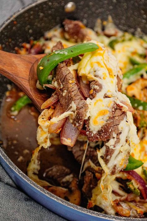 Philly Cheese Steak Skillet is a hearty dish loaded with steak strips, green bell peppers, red onions, sliced mushrooms and topped with a blend of mozzarella and provolone. Philly Cheese Steak Casserole Recipe, Philly Cheesesteak Casserole, Best Philly Cheesesteak, Cheesesteak Casserole, Steak Casserole, Philly Cheese Steak Casserole, Keto Casserole, Cheese Steak, Philly Cheese