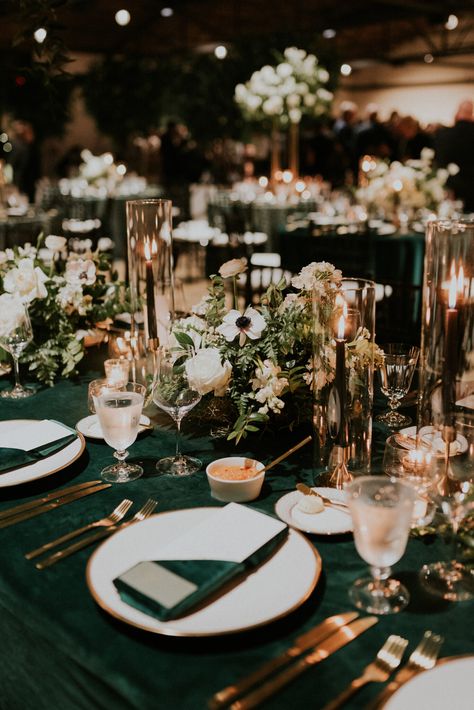 Dark Green And Cream Wedding Theme, Emerald And Gold Fall Wedding, Green Tones Wedding Theme, Forest Green Wedding Decor Ideas, English Garden Centerpiece Ideas, Emerald Green Woodsy Wedding, Elegant Winter Wedding Ideas Decorations Table Settings, Dark Green Black White Wedding, Green Wedding Ideas Color Schemes