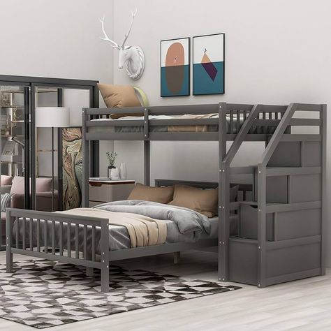 Amazon.com: Goohome Twin Over Full Bunk Bed with Staircases, Twin Size Loft Bed with Storage Staircase & Full Platform Bed, Wooden L Shaped Bunk Beds for Kids Teens Adults,No Box Spring Needed : Home & Kitchen L Shaped Bunk Beds, Full Loft Bed, Solid Wood Bunk Beds, Twin Over Full Bunk Bed, Loft Bunk Beds, Full Bunk Bed, Wood Bunk Beds, Bunk Beds With Stairs, Bunk Beds With Storage