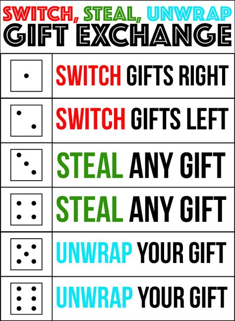 A perfect gift exchange game for kids, for adults, and even for teens! Simply roll the dice and see where the gifts end up. Definitely one of our favorite Christmas party games ever and it’ll quickly become a family or office favorite for you too! Gift Exchange Game, Christmas Gift Exchange Games, Gift Exchange Ideas, Gift Games, Christmas Gift Games, White Elephant Game, Dice Gifts, Gift Exchange Games, Xmas Games