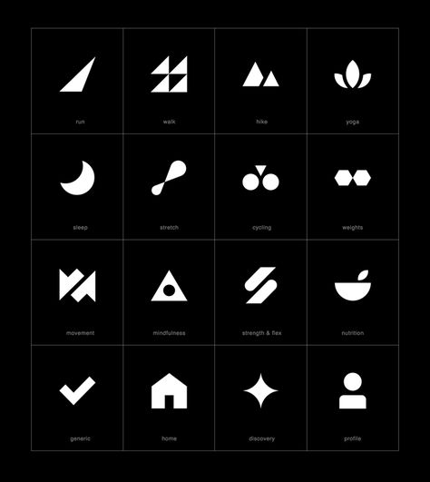 Adidas icons designed by studio TRÜF for a unique and modern fitness app. --- "The idea behind the design is to depict gestural movements and feelings in an abstract manner." --- very minimal, cool, modern and trendy looking. great use of graphic elements applied in creative manner. Tech Icon Design, Modern Iconography, Brand Iconography, Iconography Design, Pictogram Design, Fitness Icon, White Icons, Minimalist Icons, Beautiful Branding