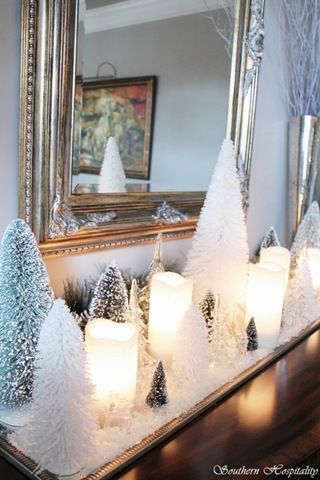 White bristle brush trees, white candles and snow for entry table - beautiful! Could keep all winter! Modern Jul, Toxic Vision, Modern Christmas Decor, Dollar Store Christmas, Winter Wonderland Party, White Christmas Decor, Christmas Mantels, Farmhouse Christmas Decor, Noel Christmas