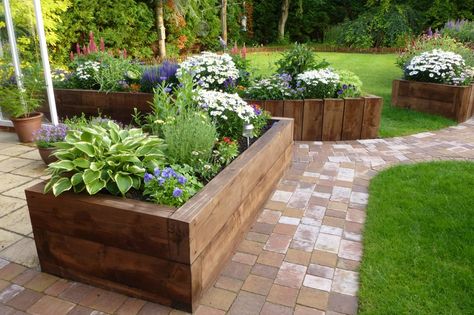 raised beds from new eco pine railway sleepers Railway Sleepers Garden, Sleepers In Garden, Garden Boxes Raised, Raised Flower Beds, Railway Sleepers, Wooden Planter, Back Garden Design, Garden Shrubs, Raised Bed