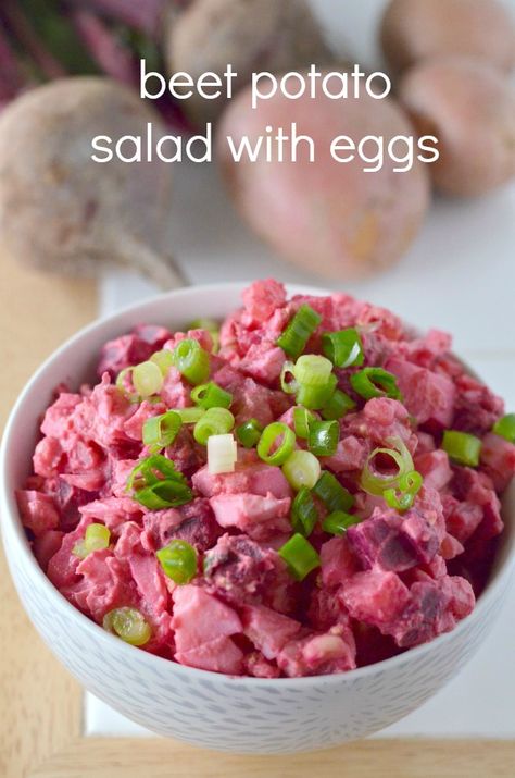 Beet Potato Salad with Eggs is a great side dish to make for Valentine’s Day, why?  Well, it’s pink. Not only that but it’s naturally dyed from the beets!  I hate seeing red food coloring in food these days.  We don’t need these colors in our foods or any products that are on store shelves.  ... Read More » Beet Potato Salad, Egg And Potato Salad, Potato Salad With Eggs, Salad With Eggs, Egg And Potato, Baked Meatball Recipe, Best Potato Salad Recipe, Corn Side Dish, Beet Salad Recipes