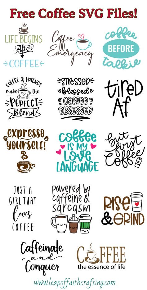 Grab some free coffee SVG cut files to use to make mugs, tshirts, totes, or gifts for others. #cricut Coffee Bar Svg Free, Coffee Mug Svg Free, Cricut Coffee Signs, Coffee Svg Files Free, Cricut Mug Ideas Vinyls, Free Cricut Svgs, Cricut Sayings And Quotes, Cup Svg Free, Svgs For Shirts