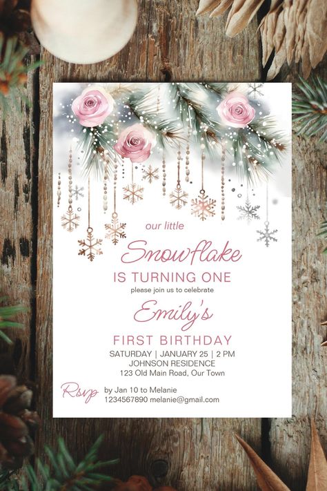 Little snowflake winter wonderland birthday party editable template invitation digital download Snowflake First Birthday, First Birthday Girl January, Baby Girl First Birthday Theme Winter, January 1st Birthday Girl, Winteroneder Land Theme Party Girl, Girl First Birthday Party Ideas Winter, December First Birthday Girl, Winter 1st Birthday Party Girl, First Birthday Girl Winter