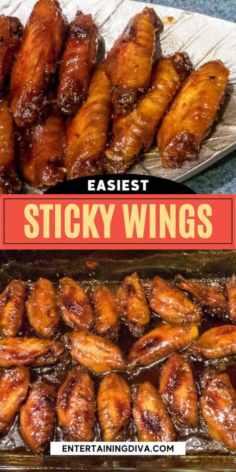 These baked Asian sticky chicken wings made in the oven with brown sugar, soy sauce and garlic are so easy to make and they taste delicious! They're on the menu for my next football party for sure! Chinese Chicken Wings Recipe, Sticky Chinese Chicken, Wings Recipe Crockpot, Sticky Wings Recipe, Baked Teriyaki Chicken Wings, Wings Recipe Oven, Soy Sauce Chicken Wings, Chicken Wings Recipe Oven, Chicken Wing Sauce Recipes