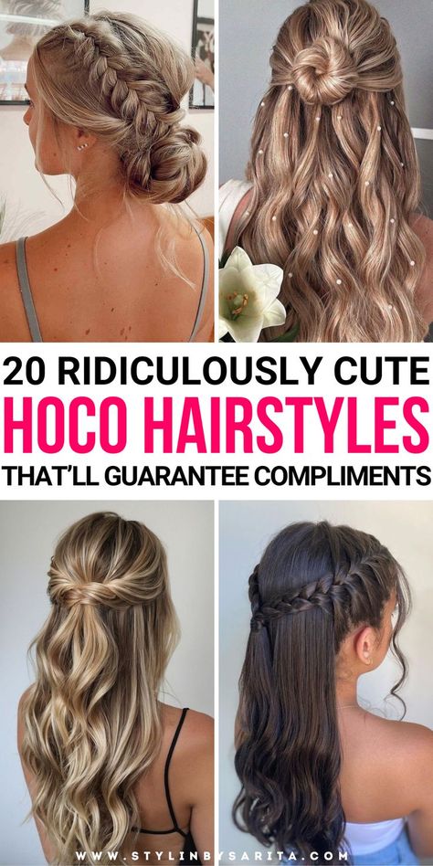 homecoming hairstyles Hoco Hair Inspiration, Homecoming Hair Ideas 2024, Hair Do’s For Long Hair, High School Homecoming Hairstyles, Mostly Down Prom Hair, Homecoming Hairstyles Easy Step By Step, Homecoming Hairstyles For Long Hair Down, Easy Cute Homecoming Hairstyles, Cute Hairstyles For Dance Performance