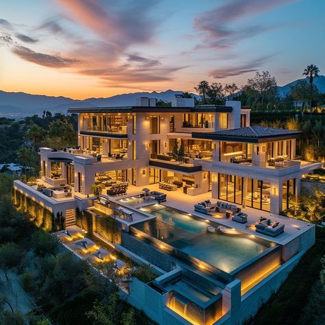 Modern Mansion Hillside, Modern Hillside Mansion, Summer Mansion, Mafia House Aesthetic, Rich Houses, Starbucks Background, Most Beautiful Homes, Mansion Exterior, Dream Life House