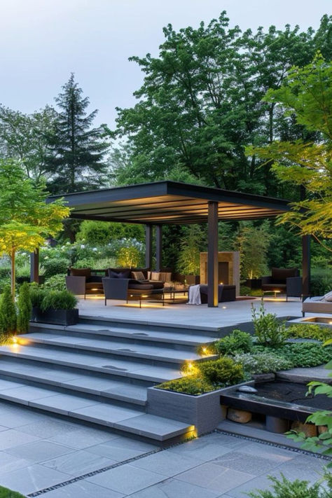 Create an outdoor living room that rivals indoor luxury with plush furniture and stylish decor Modern Garden Gazebo, Front Flower Bed Landscaping, Slope Garden Ideas, Luxury Backyard Landscaping, Flower Bed Landscaping Ideas, Flower Bed Landscaping, Bed Landscaping Ideas, Garden Sitting Area, Front Flower Bed