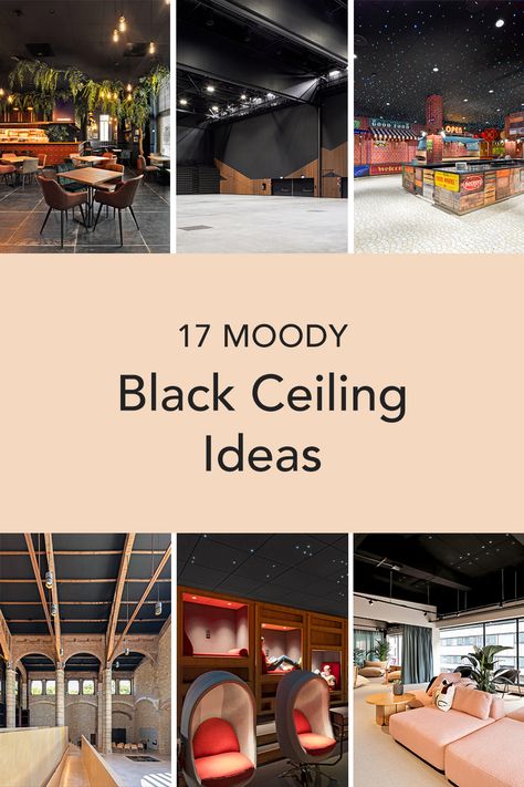 A blog post about 17 moody black ceiling design ideas Black Ceiling Cream Walls, Black Ceiling Grey Floor, Painted Industrial Ceiling, Black Ceiling And Trim, Basement Color Schemes With Black Ceiling, Kitchen With Black Ceiling, Black Ceiling Office, Black Ceiling Design, Basement Black Ceiling