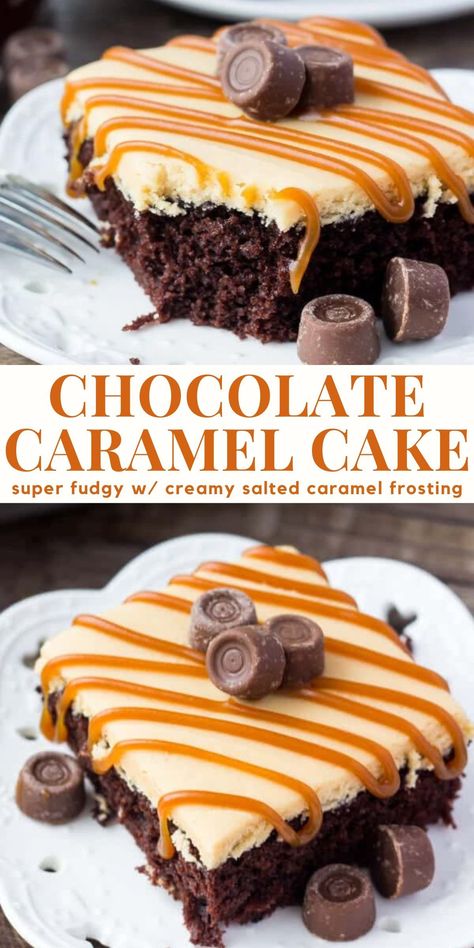 This chocolate cake with caramel frosting is an easy, delicious sheet cake with a delicious flavor combo. The chocolate cake is moist and fudgy and the caramel frosting has the perfect hint of salt and creamy texture #caramelfrosting #chocolatecaramelcake #chocolatecaramelcake #caramelbuttercream #chocolatecake from Just So Tasty https://www.justsotasty.com/chocolate-cake-caramel-frosting/ Chocolate Caramel Desserts, Enchanted Kitchen, Chocolate Caramel Dessert, Chocolate Cake With Caramel, Cake With Caramel Frosting, Super Moist Chocolate Cake, Caramel Dessert, Caramel Dessert Recipes, Chocolate Caramel Cake